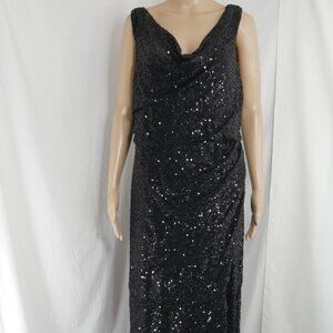 Lauren Ralph Lauren Evening Black Sequin Draped Neckline Maxi Dress Women's 14